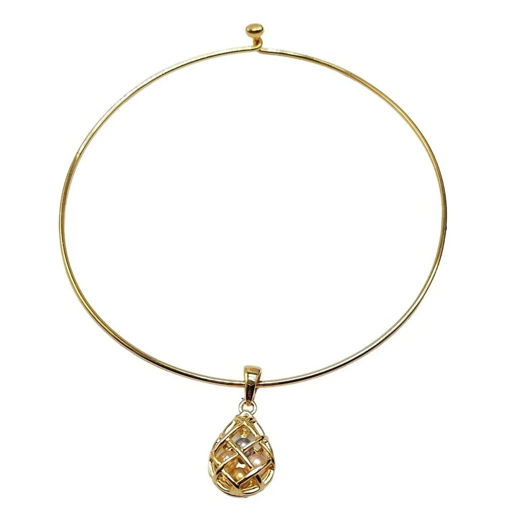 Gold Tone Joan Rivers Hoop Necklace With Caged Pearl Charm Pendant